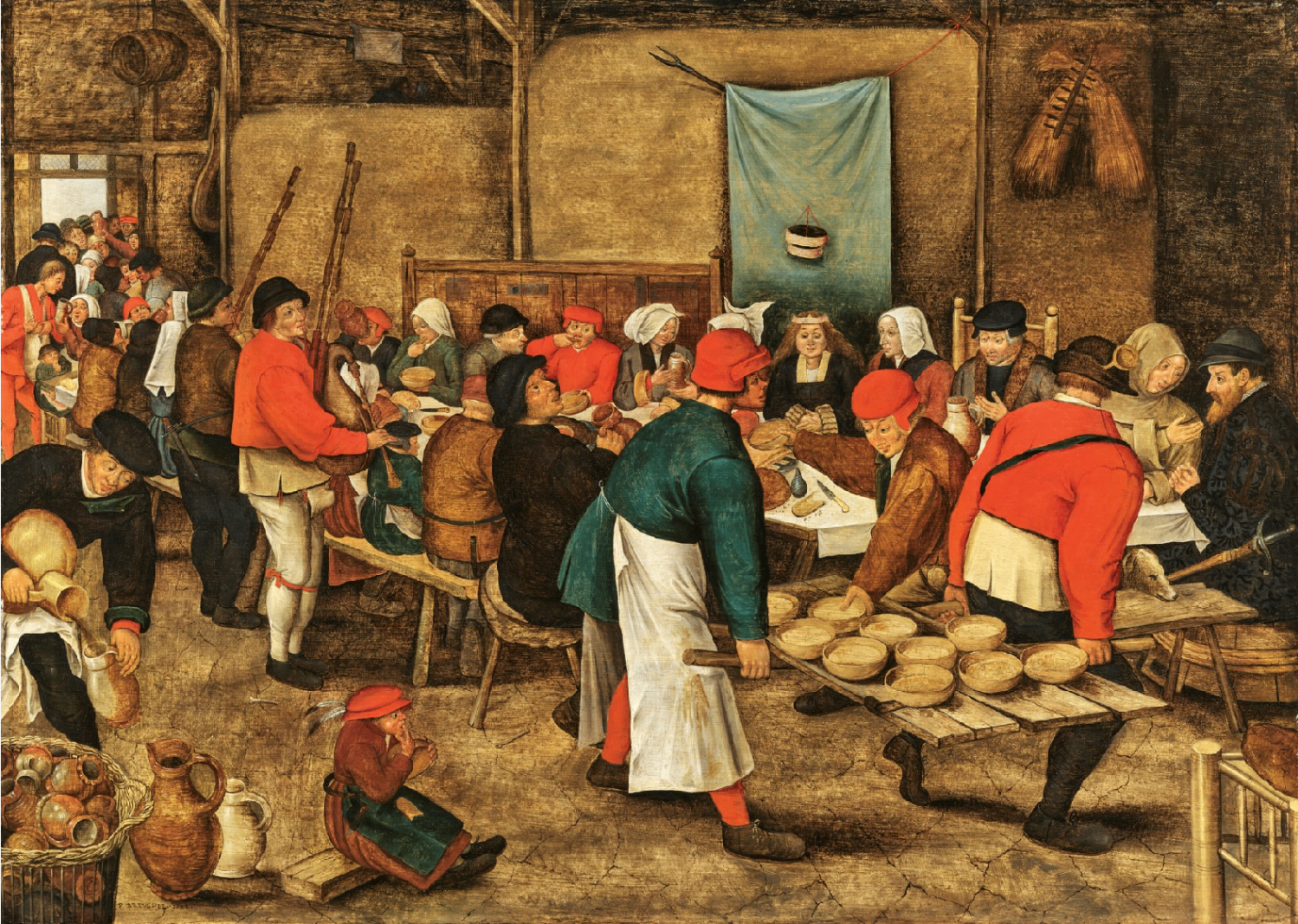 A historical painting depicting a busy indoor gathering, with many people sitting at long tables eating and socializing.