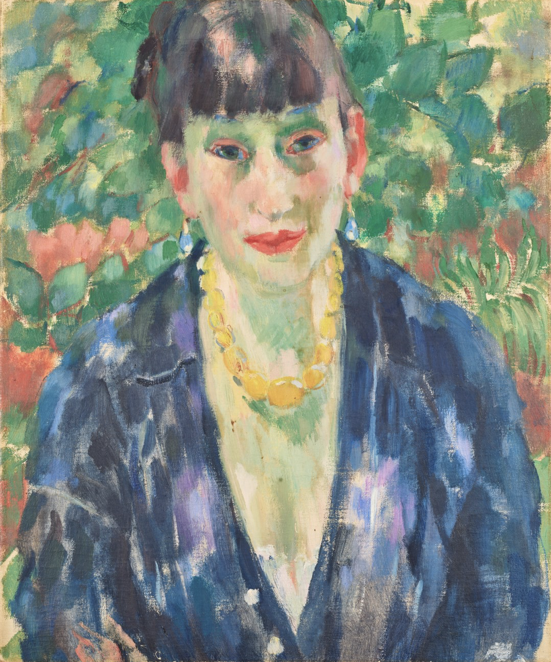 A portrait of a woman with short dark hair, wearing a blue jacket, yellow necklace, and matching earrings, painted in an impressionist style with vibrant colors, standing in front of a lush, colorful garden background.